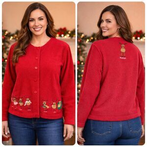 Vintage Bechamel Reindeer Cardigan LP Petite Red Rudolph Christmas Sweater Ugly